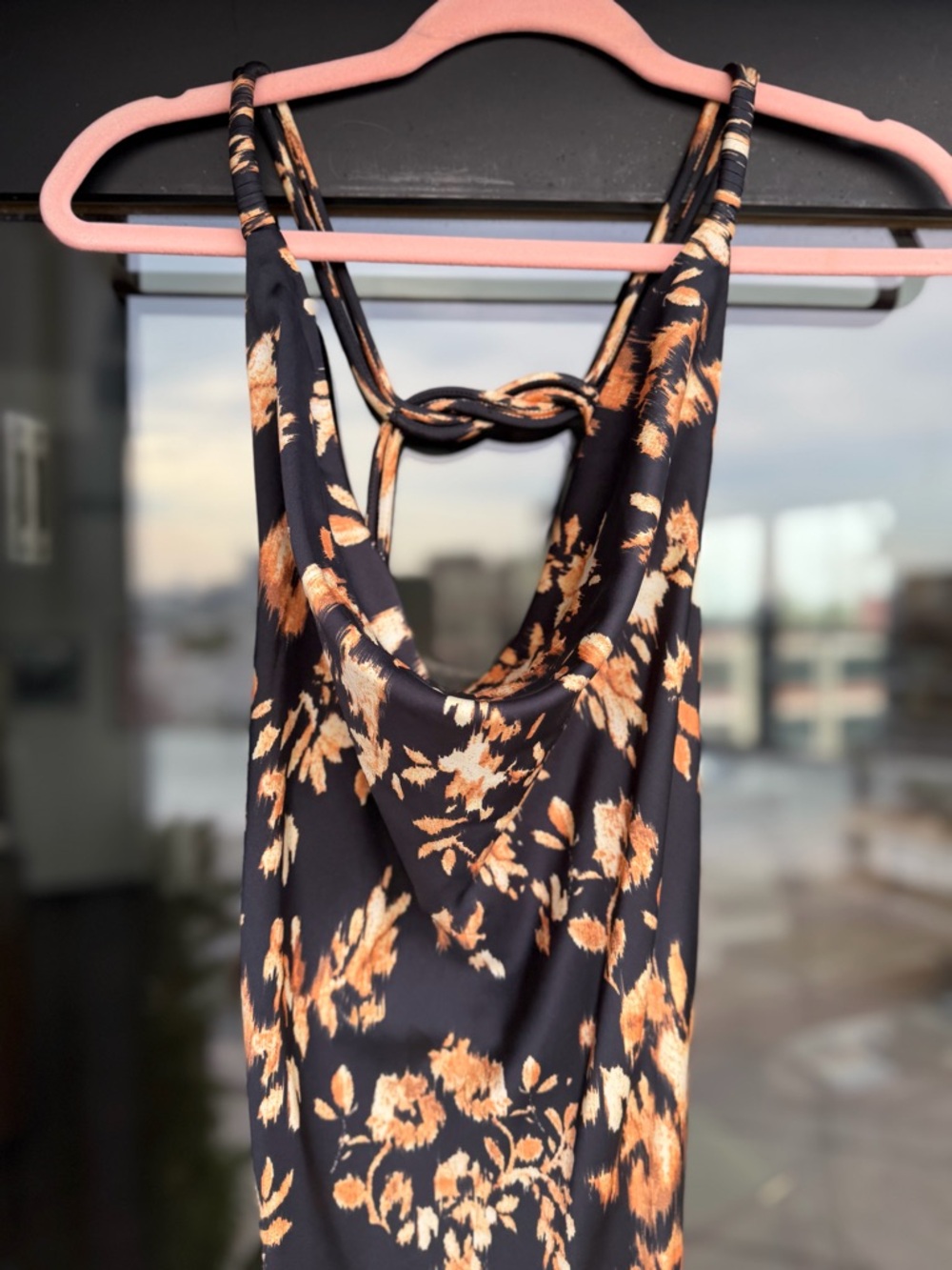 Black Floral Strappy Sundress with Orange Cream Blossoms